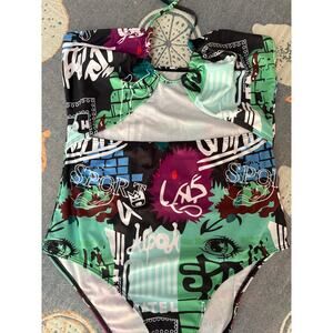 Graffiti Print One Piece Swimsuit Halter Cutout Graphic Swimwear